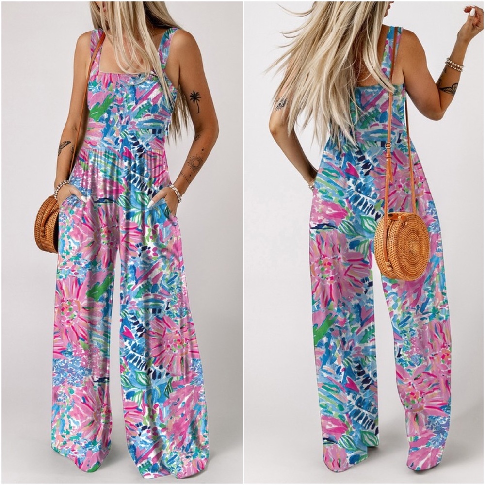 071 Floral Print Smocked Cami Pocket Jumpsuit